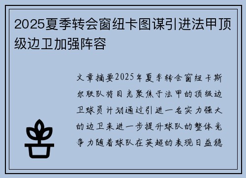 2025夏季转会窗纽卡图谋引进法甲顶级边卫加强阵容
