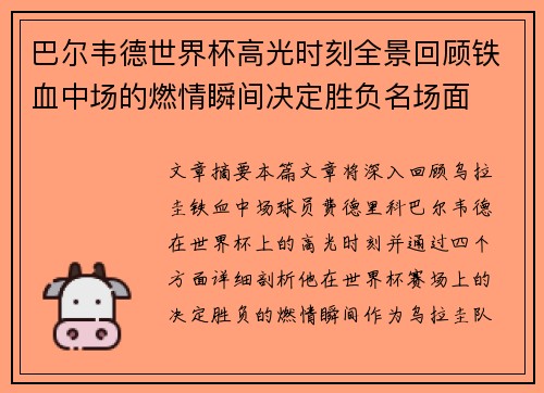 巴尔韦德世界杯高光时刻全景回顾铁血中场的燃情瞬间决定胜负名场面