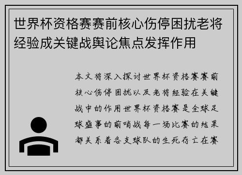 世界杯资格赛赛前核心伤停困扰老将经验成关键战舆论焦点发挥作用
